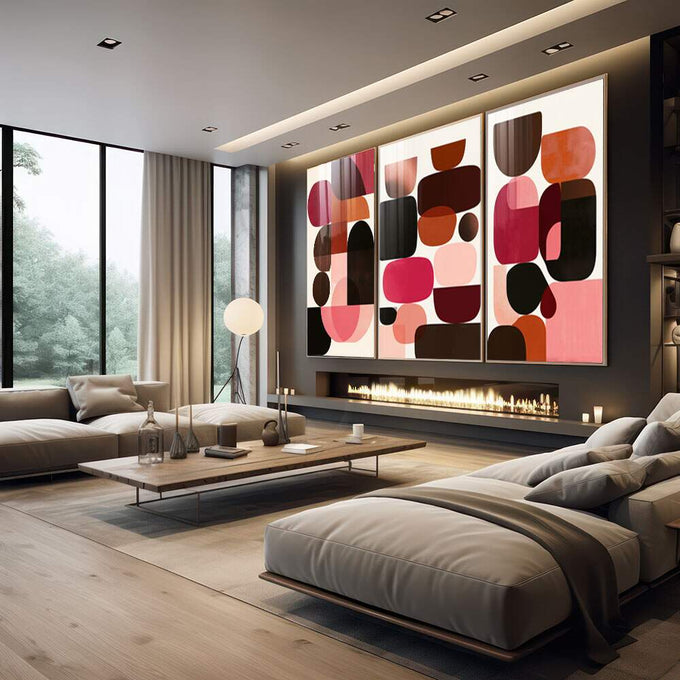 Quadro Decorativo Três Painéis Abstrato | quadros decorativos | Composição abstrata com formas geométricas em rosa, laranja, marrom e preto sobre fundo claro | em Quadros para Escritorio | Porao dos Quadros