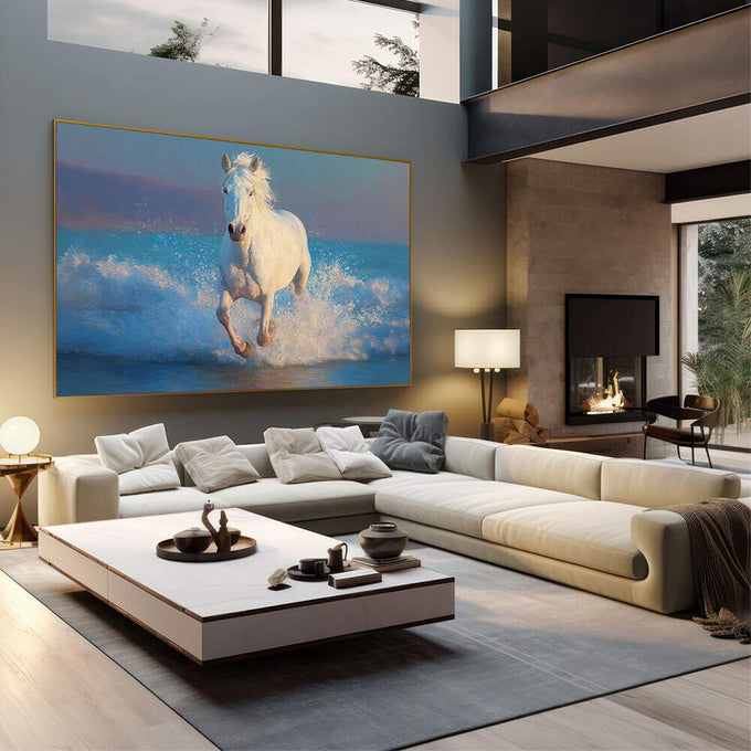 Quadro Decorativo Cavalo Branco em Liberdade | quadros decorativos | Cavalo branco majestoso galopando nas águas com respingos de espuma sob luz azul. | em Quadros para Escritorio | Porao dos Quadros