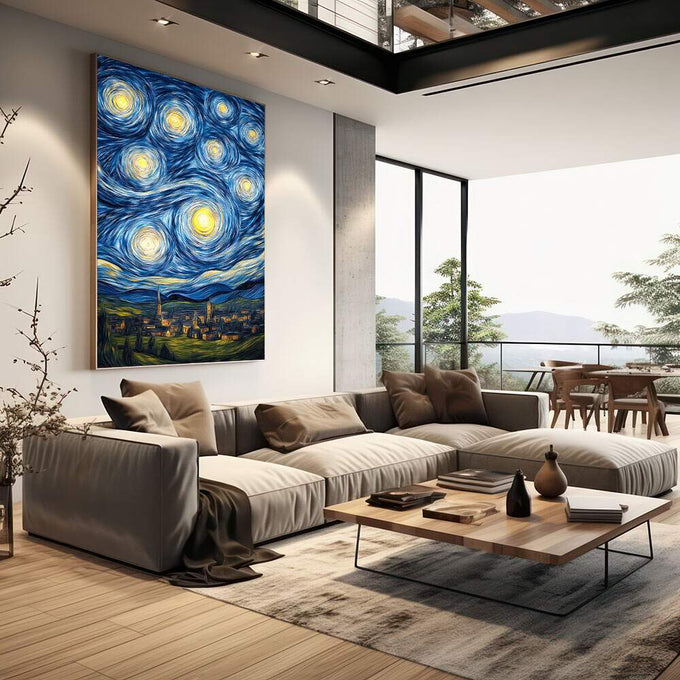 Quadro Decorativo Noite Estrelada Magia Celestial | quadros decorativos | Noite estrelada com céu azul profundo e amarelo luminoso acima de cidade iluminada | em Quadros para Escritorio | Porao dos Quadros