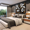Quadro Decorativo Dupla Magnífica de Flores  Um Toque de Natureza | quadros decorativos | Flores brancas com estames dourados em hastes contra fundo preto profundo, composição equilibrada em 2 telas | em Quadros para Escritorio | Porao dos Quadros