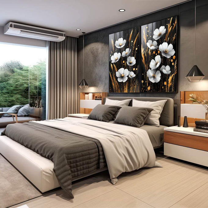 Quadro Decorativo Dupla Magnífica de Flores  Um Toque de Natureza | quadros decorativos | Flores brancas com estames dourados em hastes contra fundo preto profundo, composição equilibrada em 2 telas | em Quadros para Escritorio | Porao dos Quadros