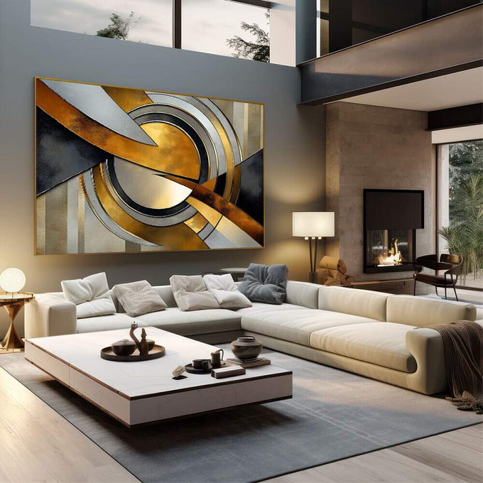 Quadro Abstrato Luxuoso com Dourado e Preto | quadros decorativos | Composição abstrata geométrica em dourado, preto e bege com formas circulares entrelaçadas e pinceladas dinâmicas | em Quadros para Escritorio | Porao dos Quadros