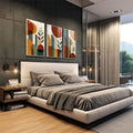 Quadro Decorativo Abstrato Tripartido Vibrante | quadros decorativos | Tríade de quadros com círculos sobrepostos, blocos geométricos em bege, laranja e verde, plantas minimalistas. | em Quadros para Escritorio | Porao dos Quadros