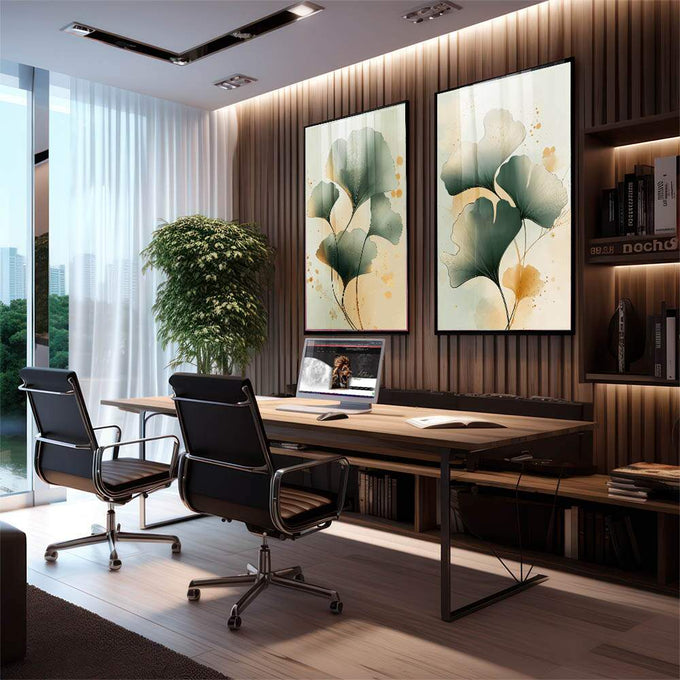 Quadro Decorativo Harmonia Natural Moderno com Folhas Verdes | quadros decorativos | Duas telas com flores ginkgo em aquarela verde, bege e respingos dourados em composição delicada | em Quadros para Escritorio | Porao dos Quadros