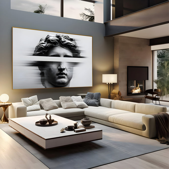 Busto de estátua grega com efeito de movimento glitch em preto e branco, quadro decorativo
