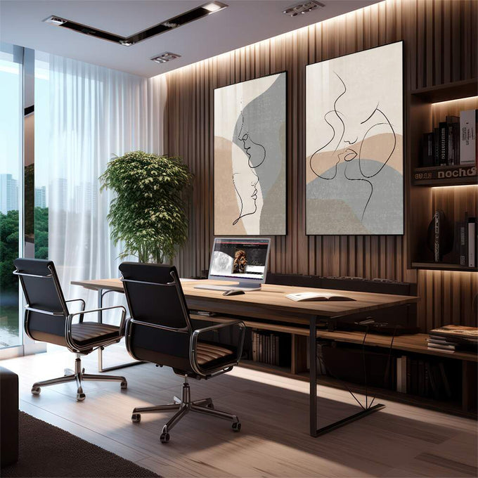 Quadro Decorativo Elegância Abstrata - Toque Moderno | quadros decorativos | Dois quadros com perfis abstratos em linha contínua em tons bege, cinza e azul pastel. | em Quadros para Escritorio | Porao dos Quadros