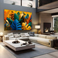Folhas tropicais azuis, verdes e amarelas com prédios estilizados em fundo amarelo, quadro decorativo