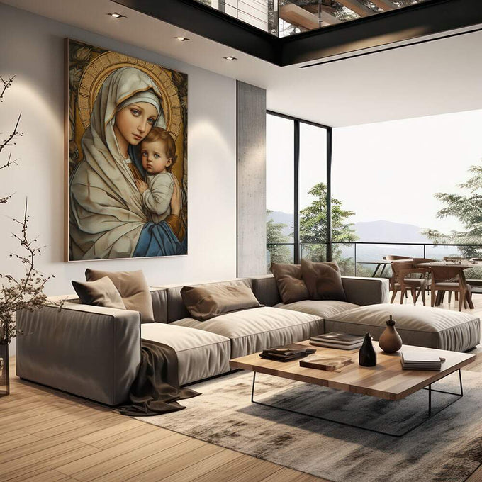 Quadro Decorativo Amor Eterno e Sofisticado | quadros decorativos | Madona com Menino Jesus em tons bege e dourado com halo decorativo. | em Quadros para Escritorio | Porao dos Quadros
