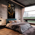 Majestade Dourada - Quadro Decorativo de Leão em Alto Contraste | quadros decorativos | Leão majestoso com juba dourada vibrante contra fundo preto, rosto em branco luminoso. | em Quadros para Escritorio | Porao dos Quadros