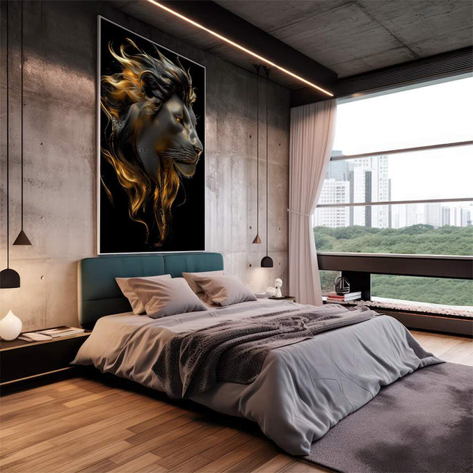 Majestade Dourada - Quadro Decorativo de Leão em Alto Contraste | quadros decorativos | Leão majestoso com juba dourada vibrante contra fundo preto, rosto em branco luminoso. | em Quadros para Escritorio | Porao dos Quadros