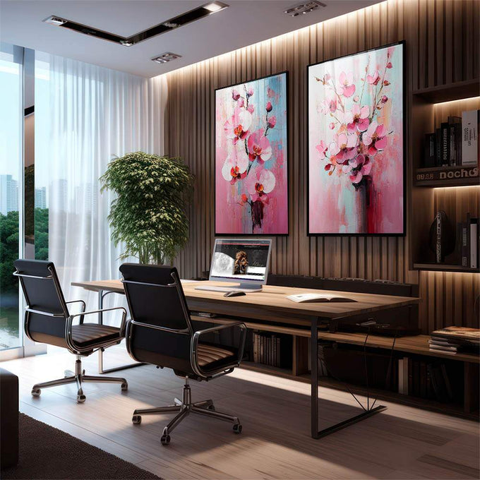 Quadro Decorativo Flores de Orquídeas - Elegância e Serenidade em sua Parede | quadros decorativos | Duas telas com orquídeas rosa e azul em técnica aquarelada etérea com traços abstratos | em Quadros para Escritorio | Porao dos Quadros