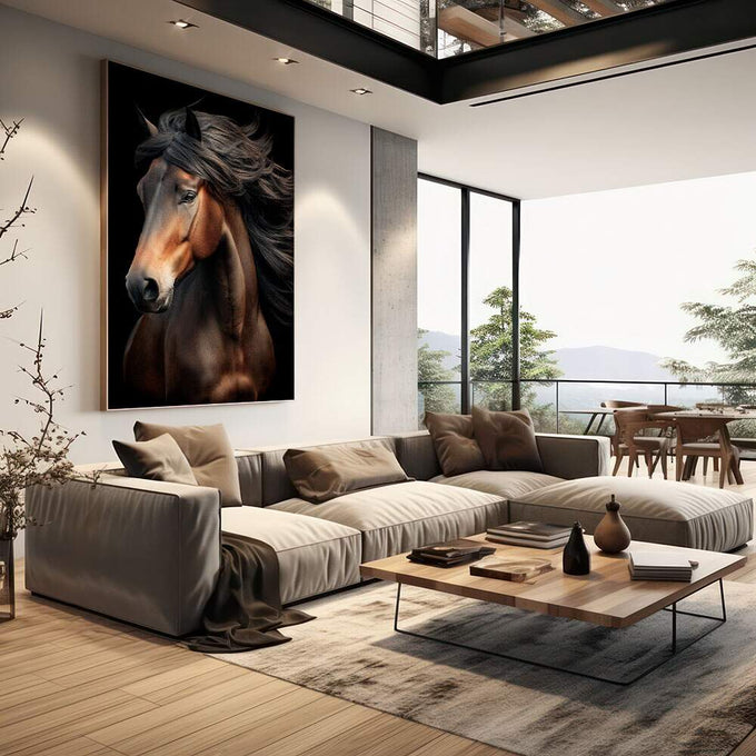 Quadro Decorativo Cavalo Majestoso | quadros decorativos | Cavalo marrom com crina preta fluida em retrato artístico com fundo escuro e iluminação dramática. | em Quadros para Escritorio | Porao dos Quadros