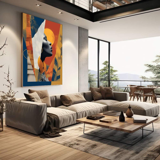 Quadro Decorativo Silhueta da Liberdade | quadros decorativos | Mulher em perfil preto e branco circundada por elementos abstratos em azul, vermelho, amarelo e laranja. | em Quadros para Escritorio | Porao dos Quadros