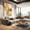 Quadro Decorativo Brilho em Abstrato | quadros decorativos | Pintura abstrata vertical com camadas de dourado, bege e tons terrosos em composição fluida | em Quadros para Escritorio | Porao dos Quadros