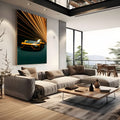Porsche amarelo em túnel de luzes douradas sobre fundo verde escuro, quadro decorativo