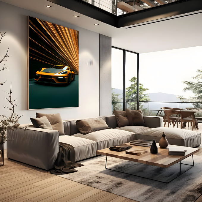 Porsche amarelo em túnel de luzes douradas sobre fundo verde escuro, quadro decorativo
