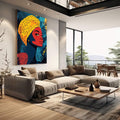 Quadro Decorativo Empoderamento Feminino em Cores Vibrantes | quadros decorativos | Mulher africana com turbante laranja, rosto vermelho, folhas azuis e douradas ao fundo. | em Quadros para Escritorio | Porao dos Quadros