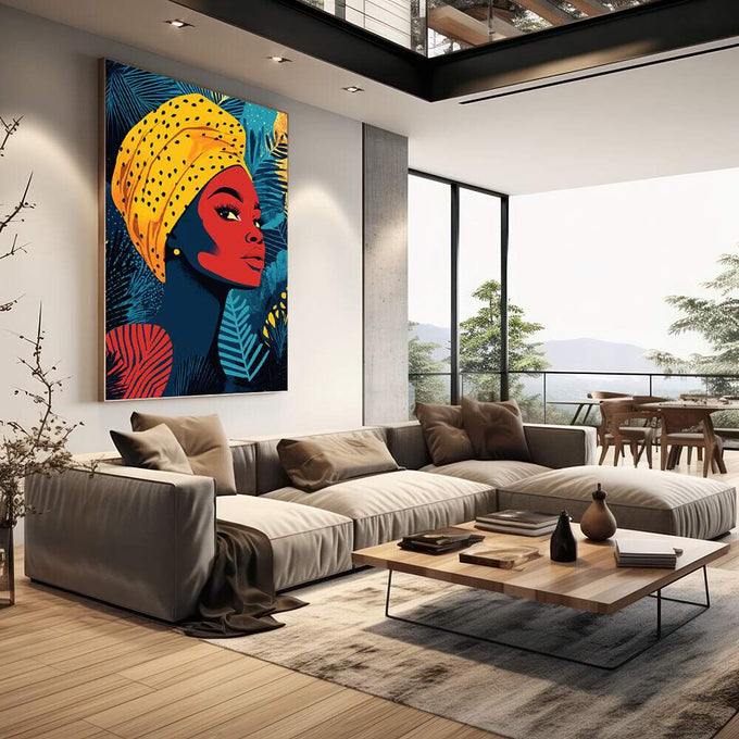 Quadro Decorativo Empoderamento Feminino em Cores Vibrantes | quadros decorativos | Mulher africana com turbante laranja, rosto vermelho, folhas azuis e douradas ao fundo. | em Quadros para Escritorio | Porao dos Quadros