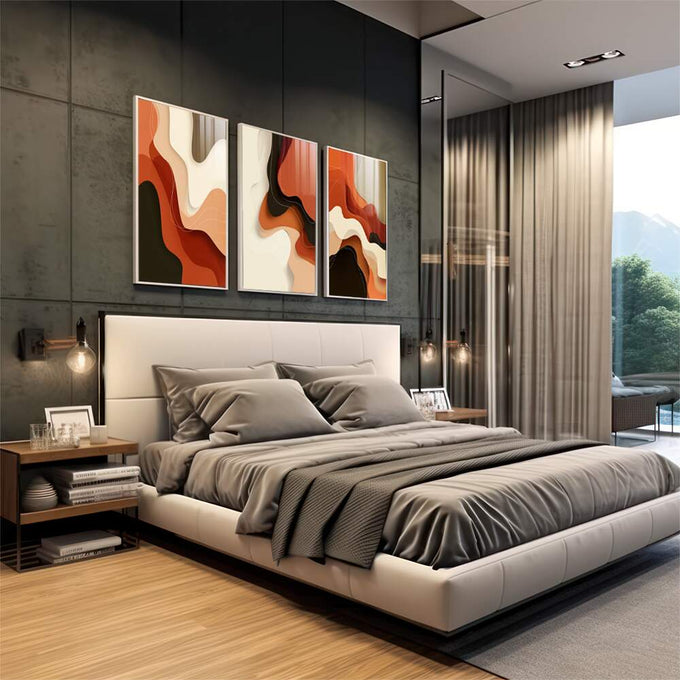 Quadro Decorativo Tríptico Orgânico | quadros decorativos | Triptíco com formas abstratas ondulantes em laranja, preto e branco, criando movimento visual dinâmico | em Quadros para Escritorio | Porao dos Quadros