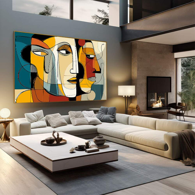 Quadro Decorativo Abstrato do Diálogo Silencioso | quadros decorativos | Composição abstrata com múltiplos rostos cubistas em laranja, azul e preto entrelaçados. | em Quadros para Escritorio | Porao dos Quadros