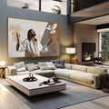 Quadro Decorativo Espiritual de Serenidade e Acolhimento | quadros decorativos | Figura religiosa em vestes claras com pomba branca ascendendo em tons bege e branco. | em Quadros para Escritorio | Porao dos Quadros