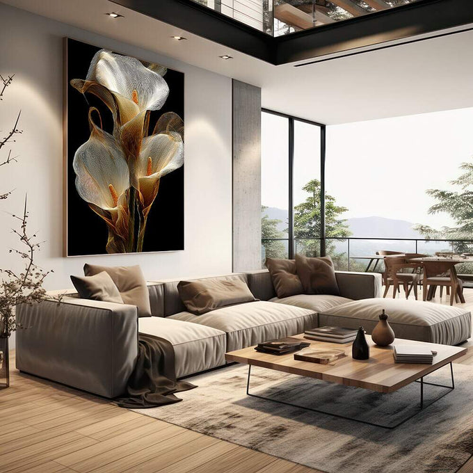 Quadro Decorativo Elegância das Flores | quadros decorativos | Flores brancas com padrão rendilhado e detalhes dourados em fundo preto profundo | em Quadros para Escritorio | Porao dos Quadros