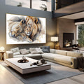 Quadro Decorativo Leões Amor e Proteção | quadros decorativos | Família de leões em aquarela com tons bege, azul e caramelo, composição impressionista e delicada. | em Quadros para Escritorio | Porao dos Quadros