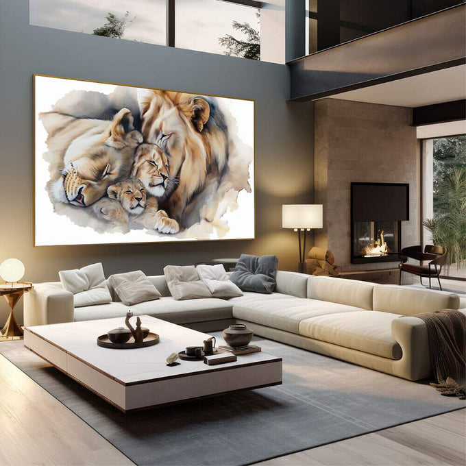 Quadro Decorativo Leões Amor e Proteção | quadros decorativos | Família de leões em aquarela com tons bege, azul e caramelo, composição impressionista e delicada. | em Quadros para Escritorio | Porao dos Quadros