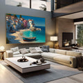 Quadro Decorativo Serenidade na Costa Mar | quadros decorativos | Vila costeira com barcos em turquesa e dourado, casarões coloridos à beira-mar sob luz natural | em Quadros para Escritorio | Porao dos Quadros