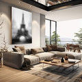 Quadro Decorativo Torre Eiffel em Preto e Branco | quadros decorativos | Torre Eiffel cinzenta em névoa branca, composição atmosférica vertical | em Quadros para Escritorio | Porao dos Quadros