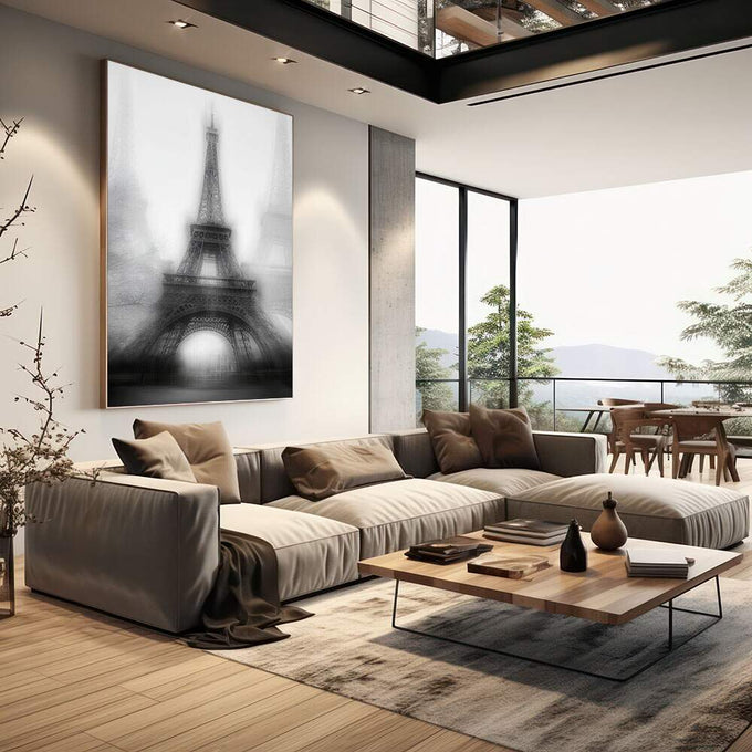 Quadro Decorativo Torre Eiffel em Preto e Branco | quadros decorativos | Torre Eiffel cinzenta em névoa branca, composição atmosférica vertical | em Quadros para Escritorio | Porao dos Quadros