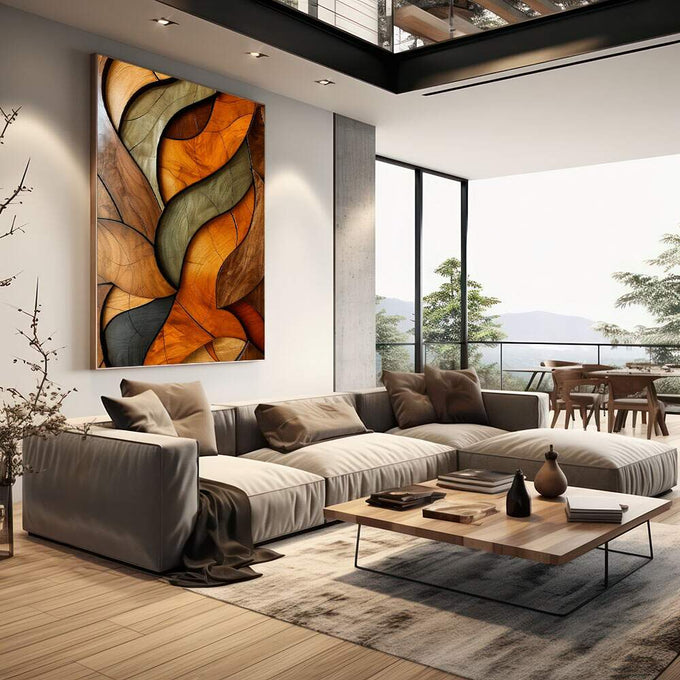 Quadro Decorativo Tramas da Natureza | quadros decorativos | Folhas abstratas em laranja, verde e preto com composição fluida e elegante | em Quadros para Escritorio | Porao dos Quadros