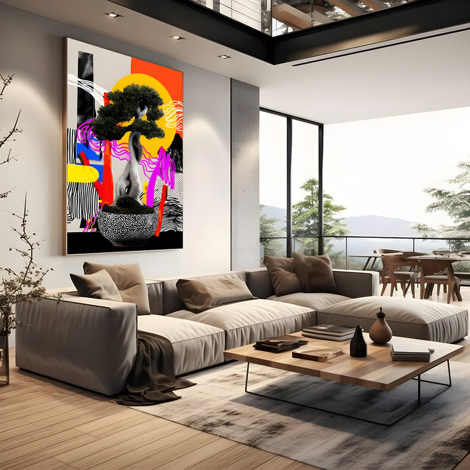 Bonsai em vaso estampado sobre sol amarelo e colagem pop art colorida, quadro decorativo