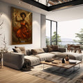 Quadro Decorativo Orixá Iansã: Vento e Coragem | quadros decorativos | Figura feminina em vermelho com raios dourados, borboletas e energia divina em composição realista. | em Quadros para Escritorio | Porao dos Quadros