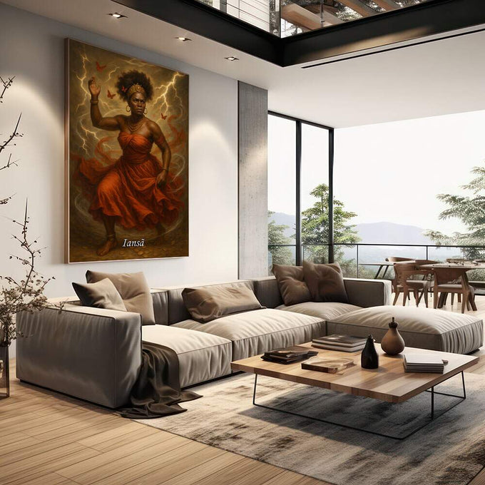 Quadro Decorativo Orixá Iansã: Vento e Coragem | quadros decorativos | Figura feminina em vermelho com raios dourados, borboletas e energia divina em composição realista. | em Quadros para Escritorio | Porao dos Quadros