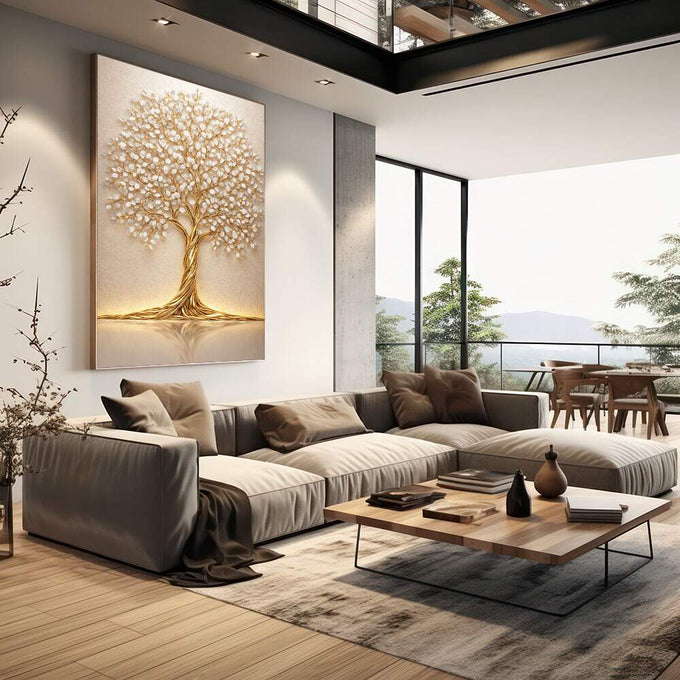 Quadro Decorativo Árvore Dourada Elegante | quadros decorativos | Árvore dourada majestosa com folhas brancas em relevo e luz luminosa | em Quadros para Escritorio | Porao dos Quadros