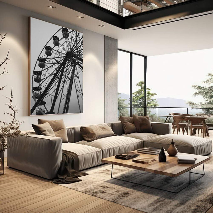 Quadro Decorativo Roda-Gigante Elegante | quadros decorativos | Roda gigante em silhueta preta com estrutura geométrica contra fundo branco | em Quadros para Escritorio | Porao dos Quadros