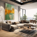 Quadro Decorativo Abstrato Verde e Laranja | quadros decorativos | Pintura abstrata em verde-água e laranja dourado com linhas geométricas e composição equilibrada | em Quadros para Escritorio | Porao dos Quadros