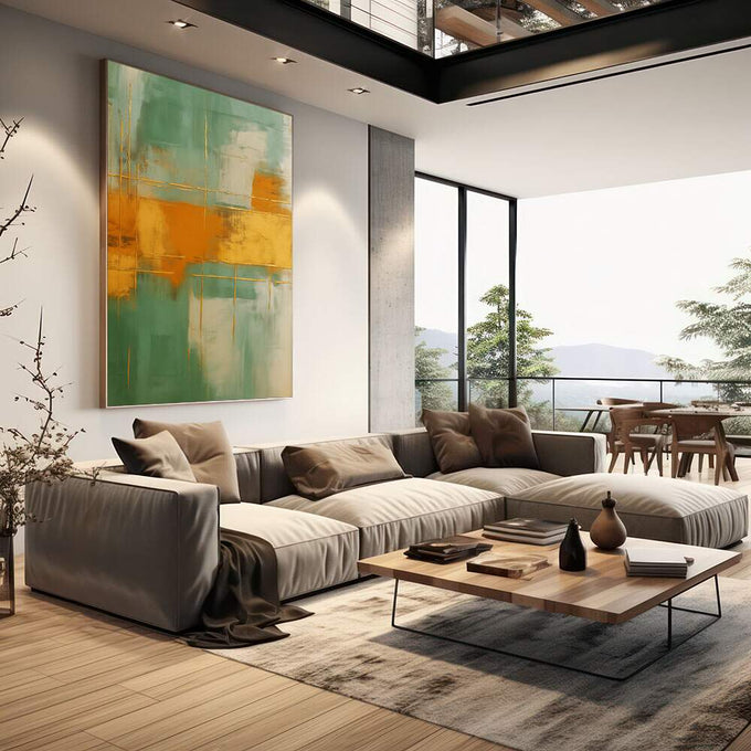 Quadro Decorativo Abstrato Verde e Laranja | quadros decorativos | Pintura abstrata em verde-água e laranja dourado com linhas geométricas e composição equilibrada | em Quadros para Escritorio | Porao dos Quadros