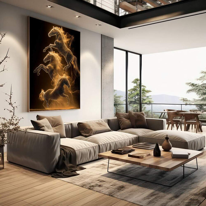 Quadro Decorativo Cavalos Dourados em Movimento | quadros decorativos | Cavalos em rearing pose resplandecendo em dourado luminoso contra fundo preto intenso | em Quadros para Escritorio | Porao dos Quadros