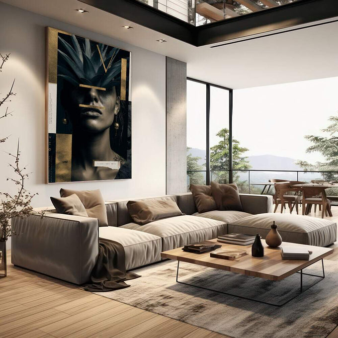 Quadro Decorativo Sofisticação Feminina | quadros decorativos | Rosto feminino em preto e branco com linhas geométricas em ouro, composição abstrata sofisticada | em Quadros para Escritorio | Porao dos Quadros