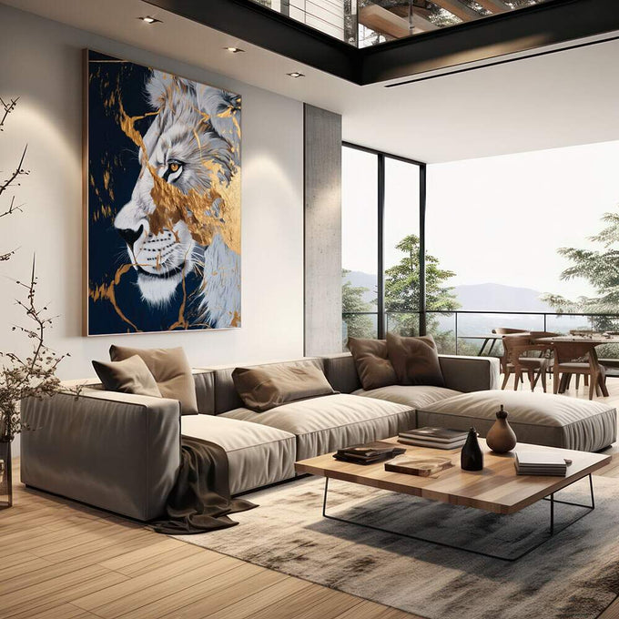 Quadro Decorativo Leão Dourado Majestoso | quadros decorativos | Leão majestoso em perfil com juba em tons de preto, branco e dourado em composição realista | em Quadros para Escritorio | Porao dos Quadros