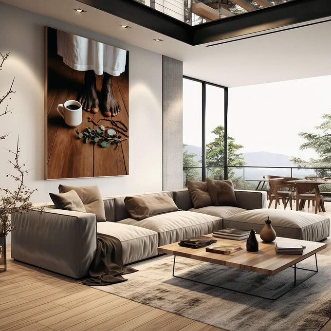 Quadro Decorativo Serenidade e Contemplação | quadros decorativos | Pés descalços cobertos por linho branco em madeira, com café fumegante e objetos rituais | em Quadros para Escritorio | Porao dos Quadros