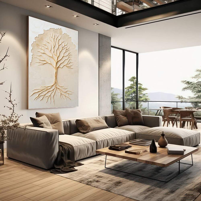Quadro Decorativo Raízes da Existência Arte Elegante e Contemporânea | quadros decorativos | Árvore da vida com raízes em relevo bege e creme em composição vertical simétrica | em Quadros para Escritorio | Porao dos Quadros