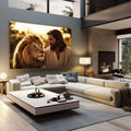 Quadro Decorativo - Simbiose de Força e Serenidade | quadros decorativos | Homem e leão em harmonia dourada com luz natural envolvente e composição simbólica profunda | em Quadros para Escritorio | Porao dos Quadros