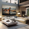 Quadro Decorativo: Cavalos Liberdade em Movimento | quadros decorativos | Cavalos em galope explosivo através de água com luz dourada refletida | em Quadros para Escritorio | Porao dos Quadros