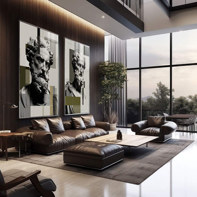 Quadro Decorativo Clássico e Moderno | quadros decorativos | Dois bustos clássicos em preto e branco com sobreposição de elementos geométricos em tons olive e verde | em Quadros para Escritorio | Porao dos Quadros