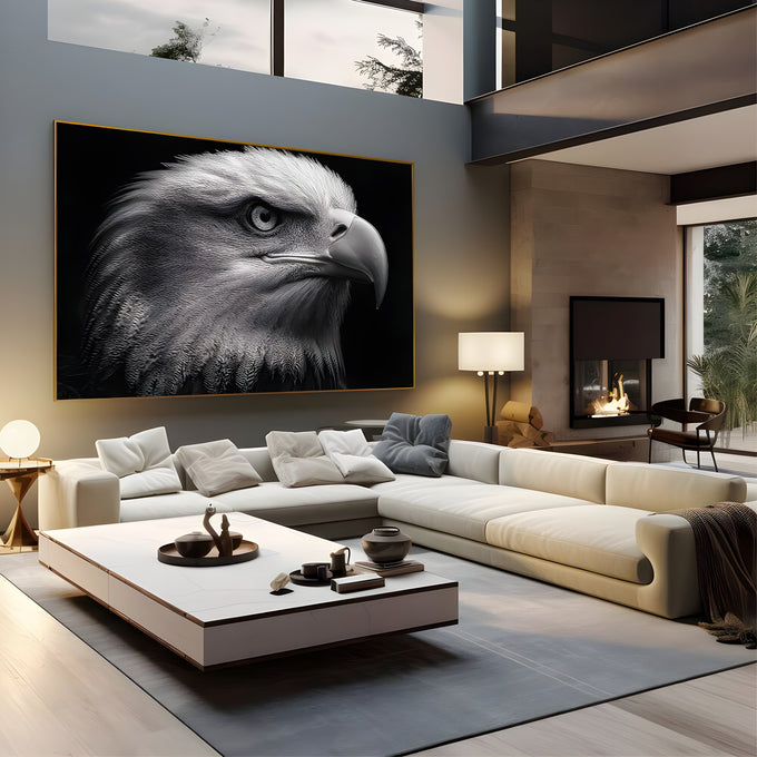 Cabeça de águia de perfil em preto e branco com penas detalhadas e olhar fixo, quadro decorativo