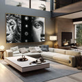 Quadro Decorativo: Força e Serenidade | quadros decorativos | Leão majestoso e rosto humano em preto e branco com painel geométrico centralizado | em Quadros para Escritorio | Porao dos Quadros