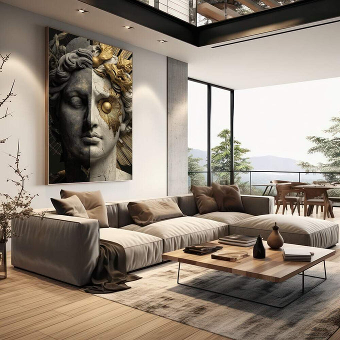 Quadro Decorativo Bustos Dourados Elegantes | quadros decorativos | Busto clássico cinza e branco com detalhes dourados em composição sofisticada | em Quadros para Escritorio | Porao dos Quadros